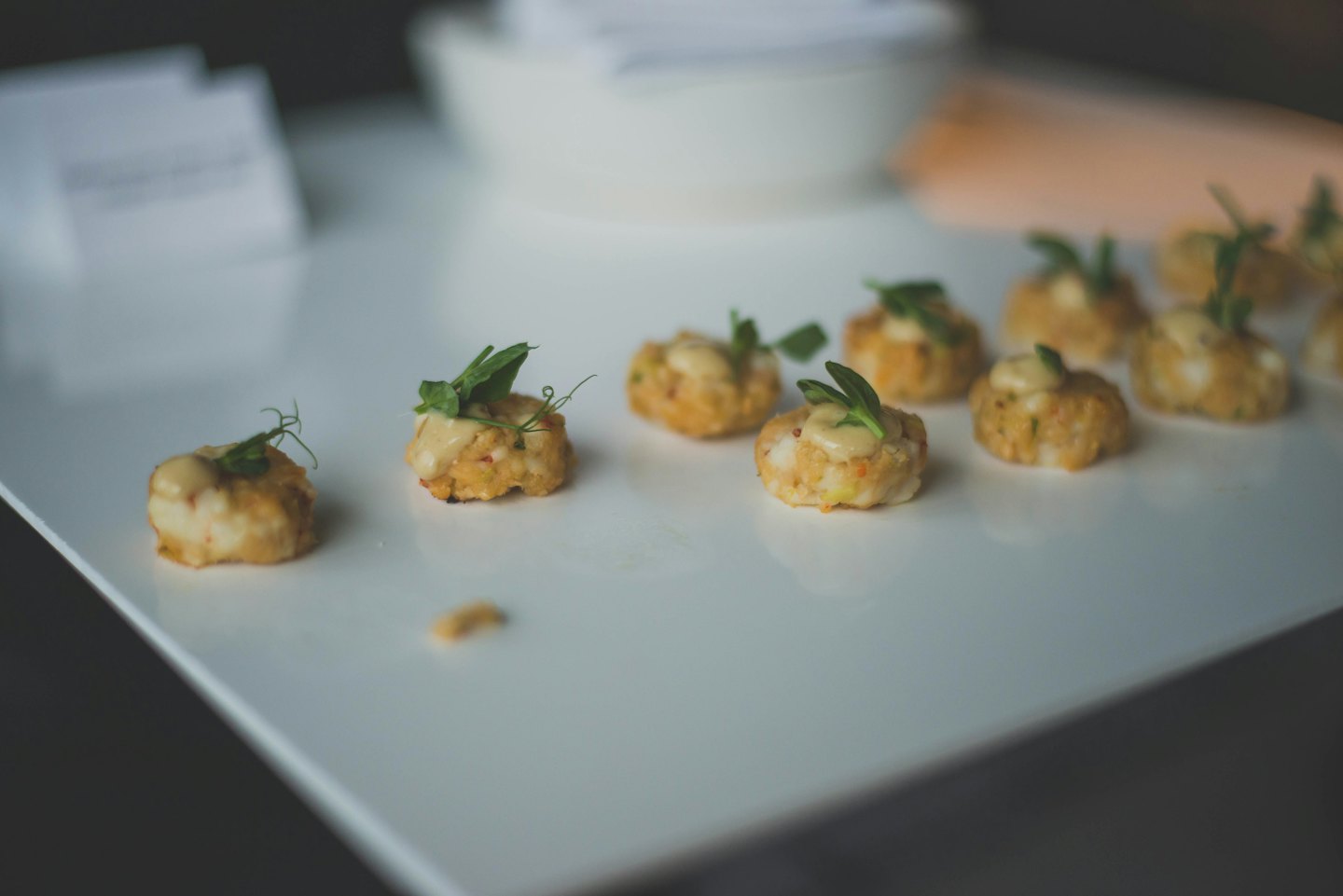 Gourmet appetizers arranged artfully on a white platter.