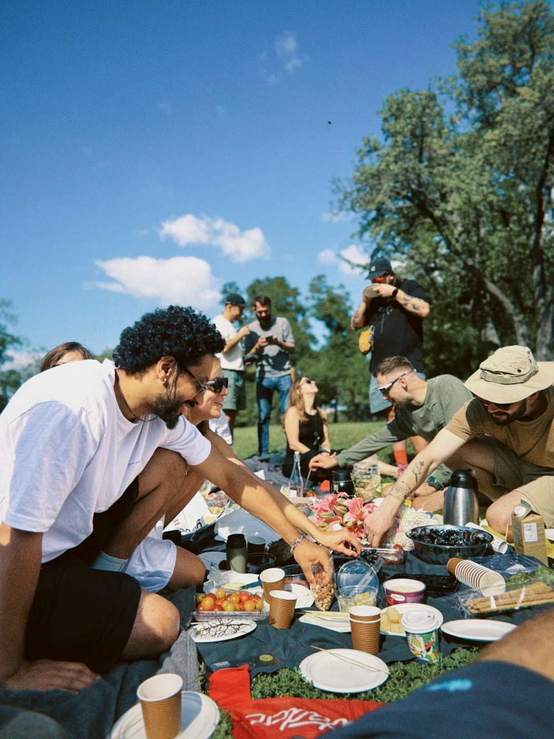 A group of friends enjoys a picnic on a grassy lawn.